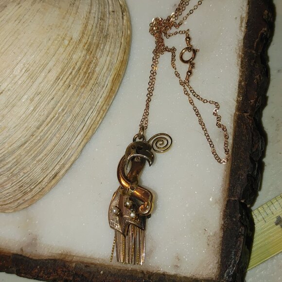 Vintage 12K Gold Moveable Intricate Pendant Necklace 14K GF Chain Pearl Accents - Picture 8 of 16